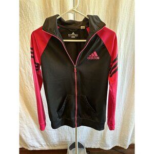 Adidas Jacket Womens Small Pink‎ Black 3 Stripes Full Zip Climalite Tracksuit